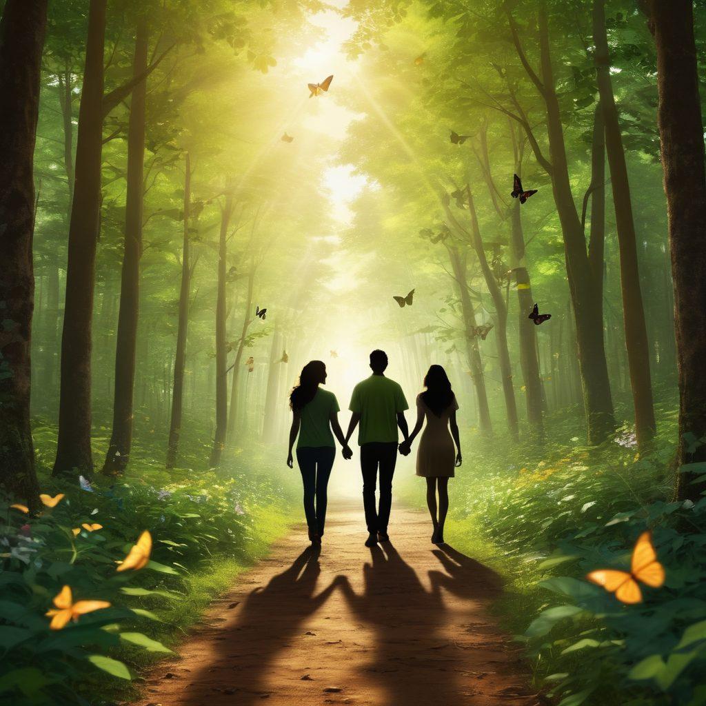 An illuminated pathway through a lush, green forest symbolizing hope, featuring silhouettes of diverse individuals holding hands, displaying determination and resilience. Gentle sunlight filtering through the leaves to create a warm atmosphere, with butterflies and flowers symbolizing renewal and life. A serene background hinting at a journey, emphasizing triumph over adversity. super-realistic. vibrant colors. soft focus.