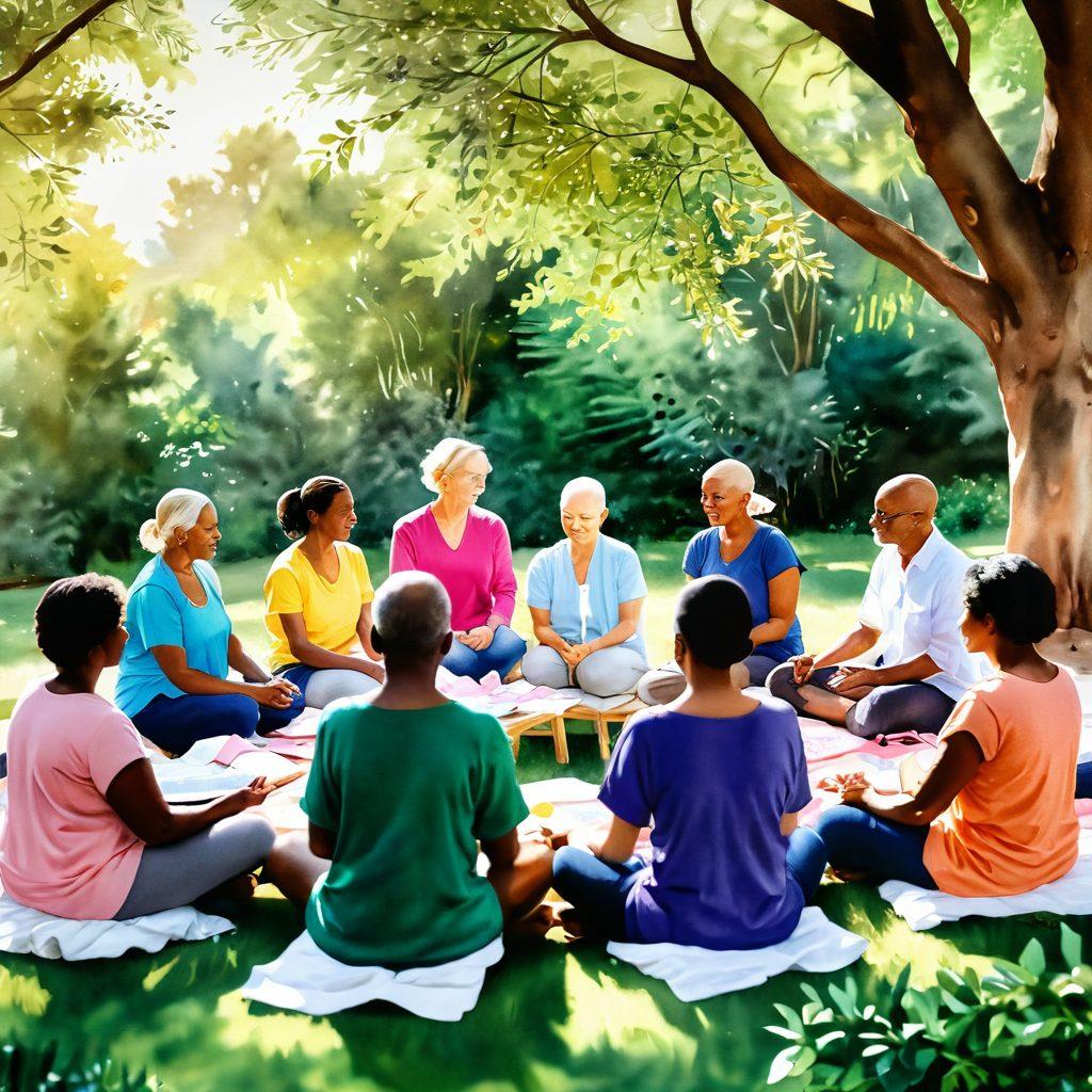 A serene and uplifting scene of a diverse group of cancer survivors sharing their stories in a vibrant support circle, surrounded by lush greenery and soft sunlight filtering through the trees. Include visuals of symbolic items like ribbons, books on treatment options, and supportive hands reaching out. Capture an atmosphere of hope, empowerment, and camaraderie. watercolor. warm colors. softly blurred background.