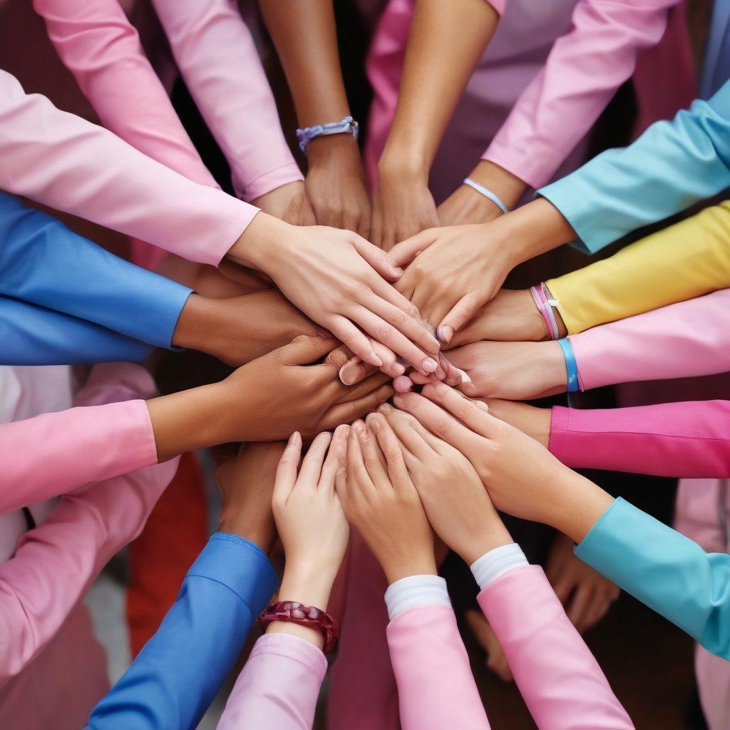 A warm and supportive scene showcasing a diverse group of healthcare professionals, patients, and caregivers engaged in a discussion circle, sharing experiences and advocating for cancer care. Include visual elements of compassion, collaboration, and community, such as hands joining together and colorful ribbons representing cancer awareness. Soft, soothing colors to evoke hope and encouragement. super-realistic. vibrant colors.